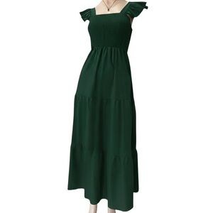 Dark/Emerald Green Smocked Square Neck Ruffle Sleeve Maxi Dress - Women’s Size S